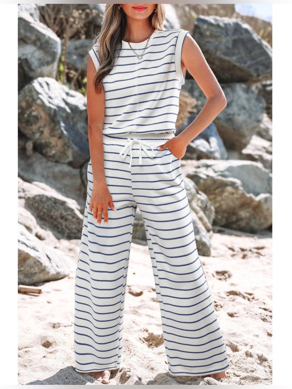 Royal and Reese Tierra Striped Round Neck Top and Pants Set Size Large NWT